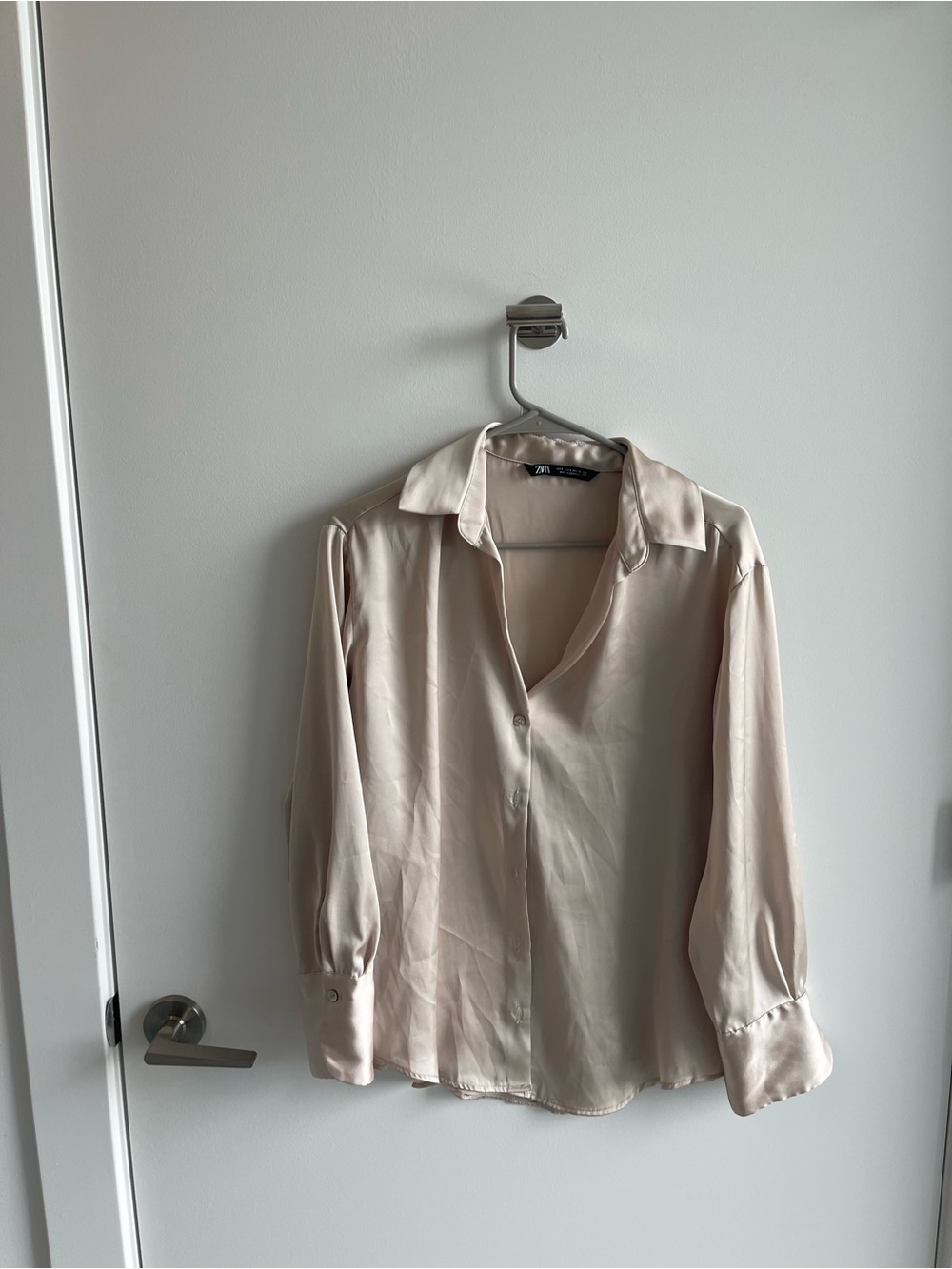 Zara Satin Button-Up Blouse — Light Beige
